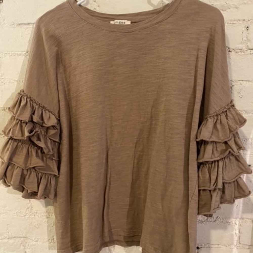 Tan Soft Cotton Top - 3/4 Length Ruffled Statement Sleeves